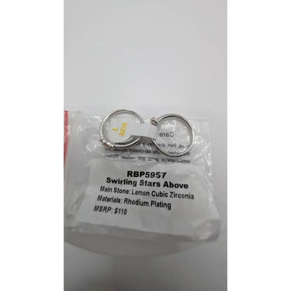 Swirling Stars Above Rhodium Plated Ring with Lemon Cubic Zirconia Size 7 - Picture 1 of 7
